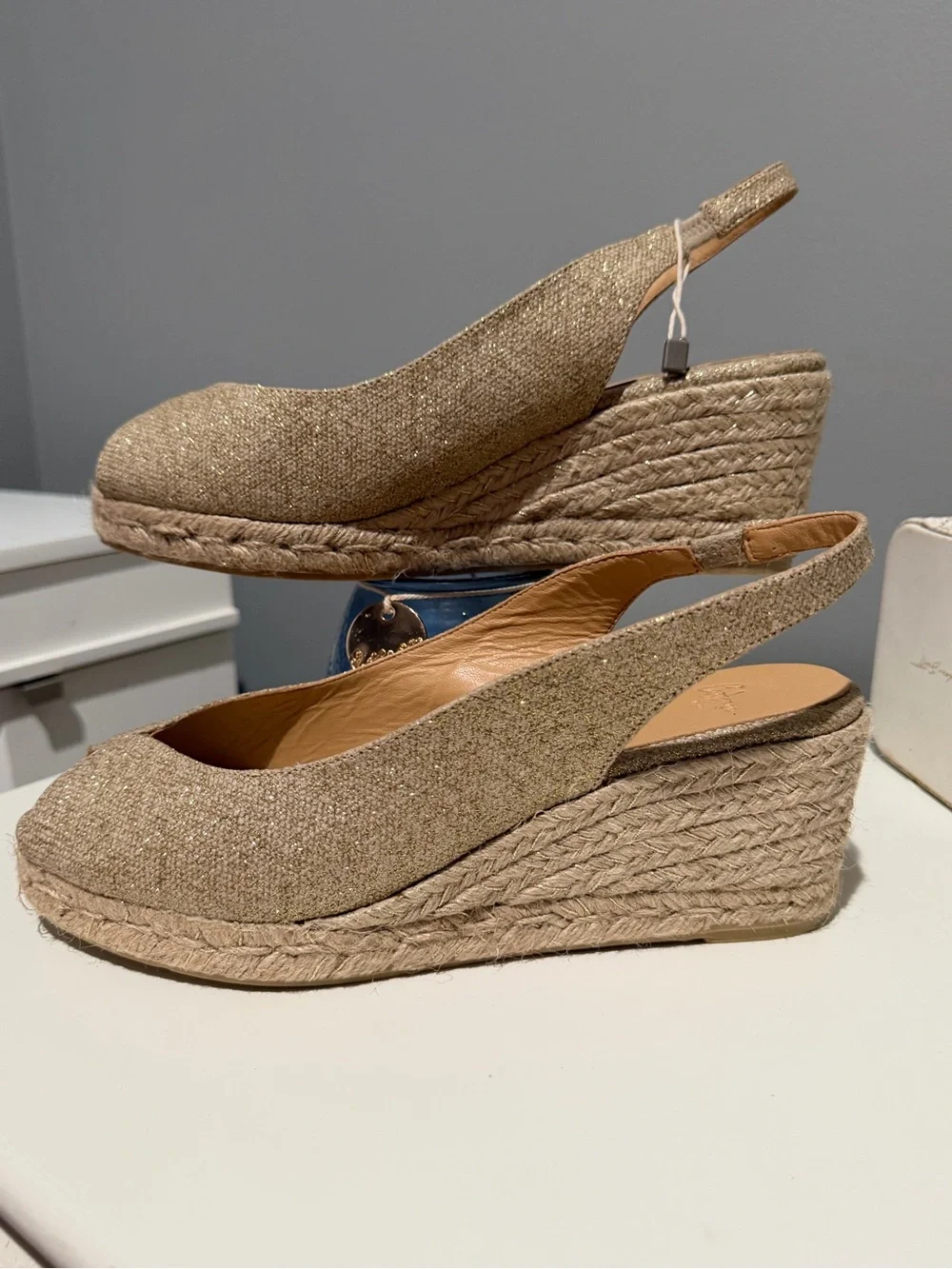 Castaner Metallic Gold Wedge Slingback Sandals